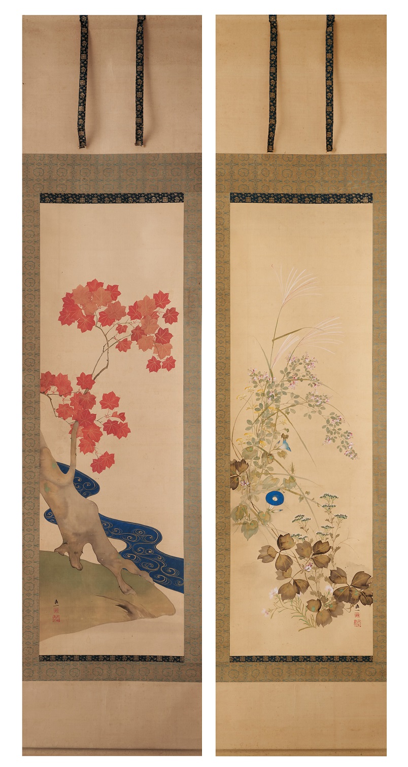 野崎真一筆「秋の七草・楓図」双幅 売約済み - 藤美術